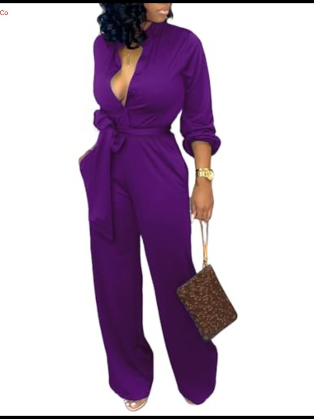 Long Sleeve Formal Jumpsuit Dressy Straight Pants with Pockets